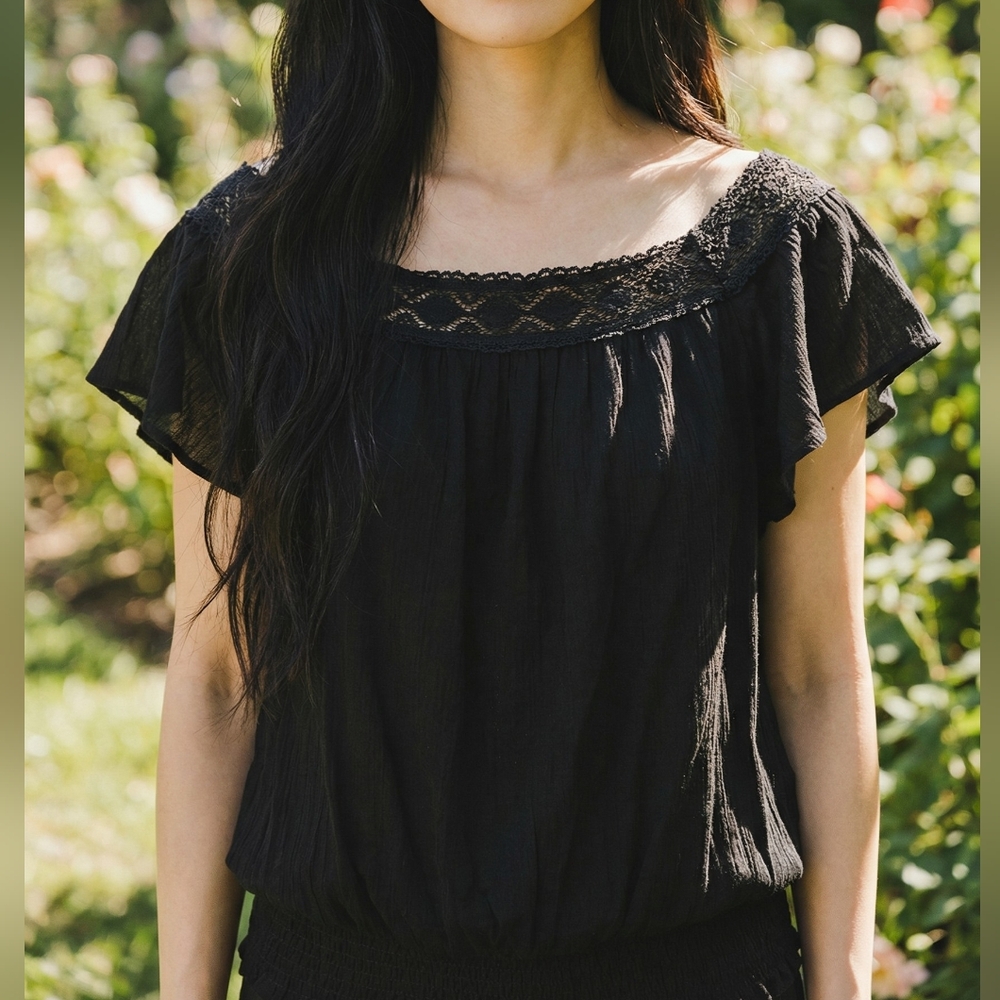 Black Women's Blouse with Ruffled Sleeves